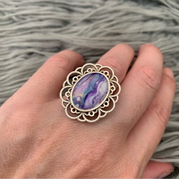 Handmade Fluid Art Ring- Candy Rainbow - Picture 4 of 8